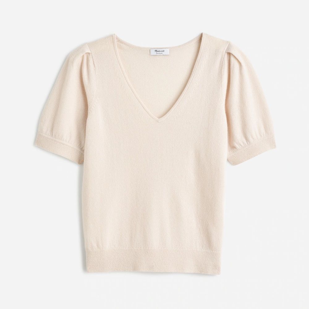 77- Nt005 Madewell Sz S Cashmere V-Neck Puff-Sleeve Sweater Tee